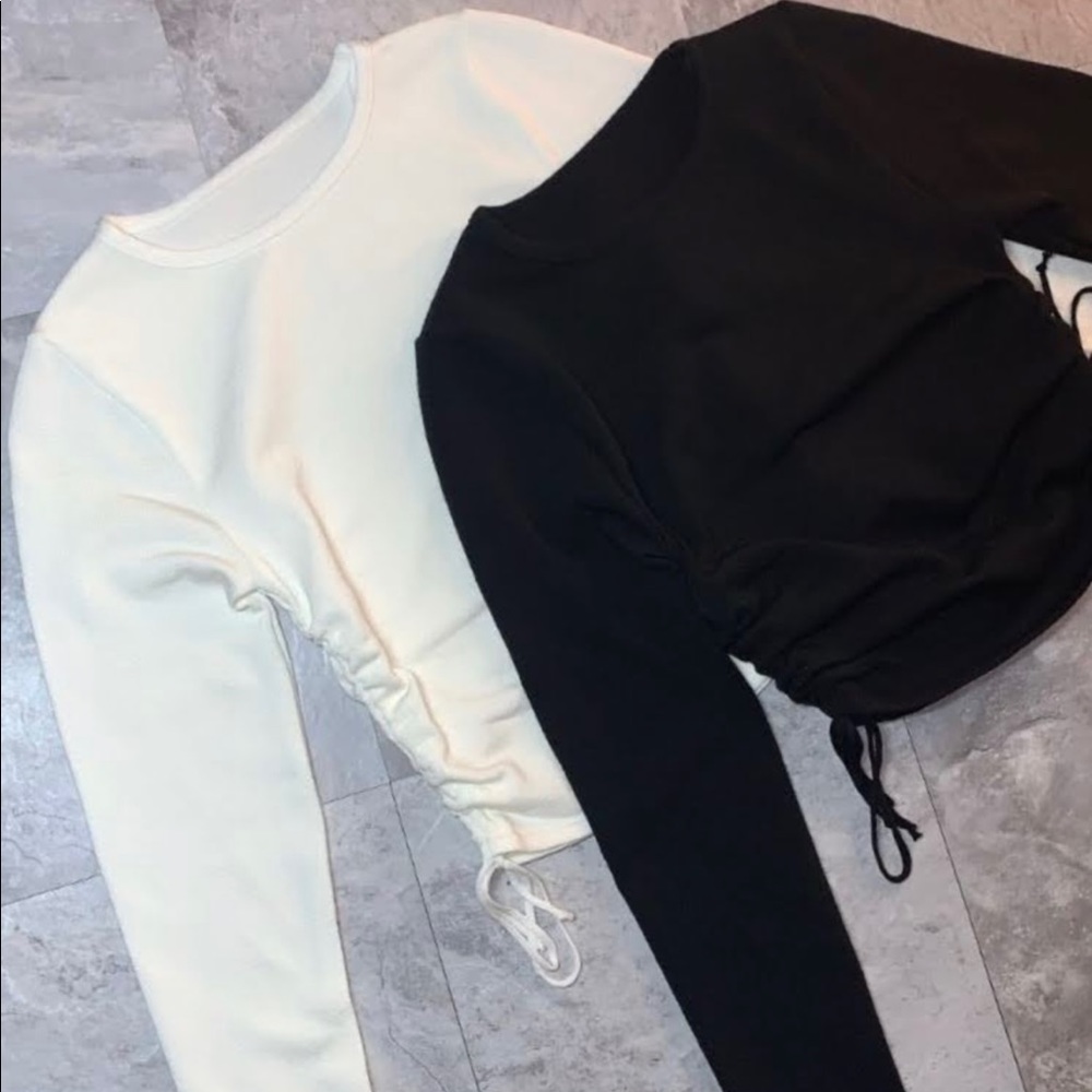 Rutched long sleeve cropped top -WHITE